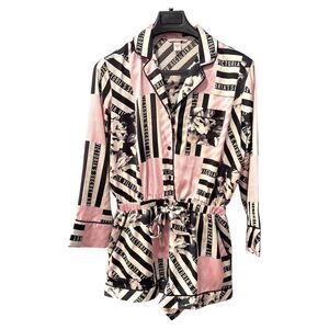 Victoria's Secret Romper Robe Size Medium Striped Floral Button Front Pink Black